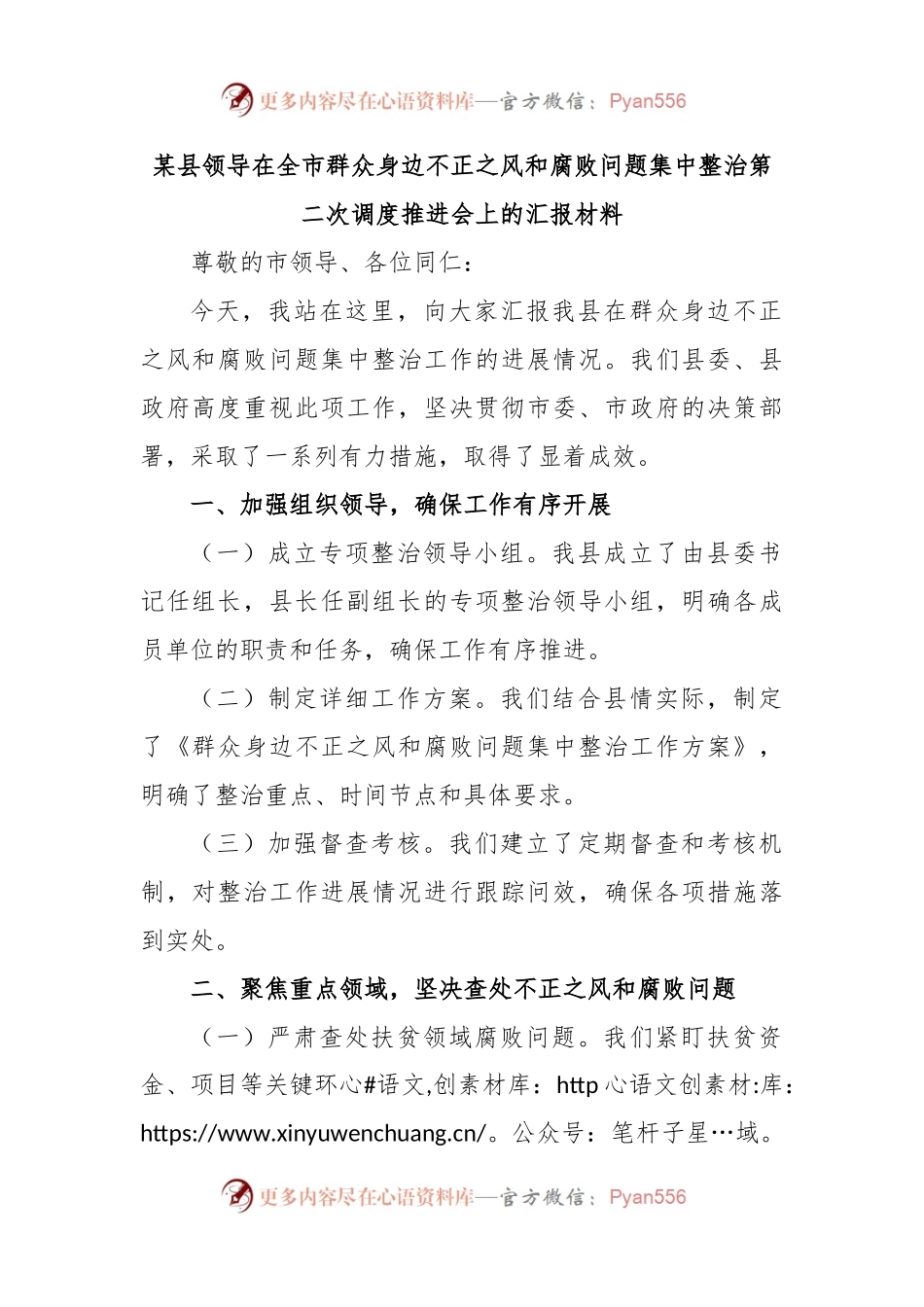 某县领导在全市群众身边不正之风和腐败问题集中整治第二次调度推进会上的汇报材料.docx_第1页