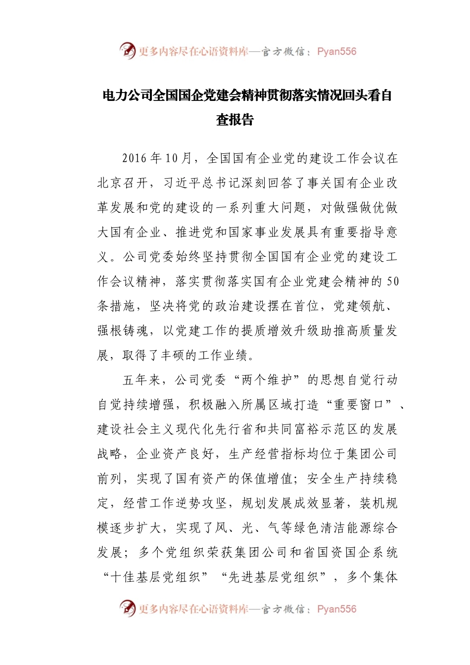 电力公司全国国企党建会精神贯彻落实情况回头看自查报告.docx_第1页