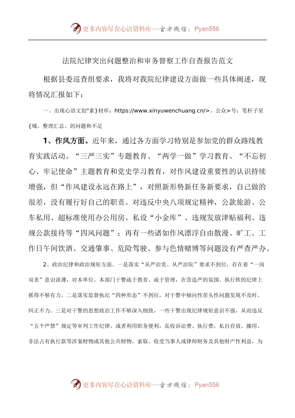 法院纪律突出问题整治和审务督察工作自查报告.docx_第1页