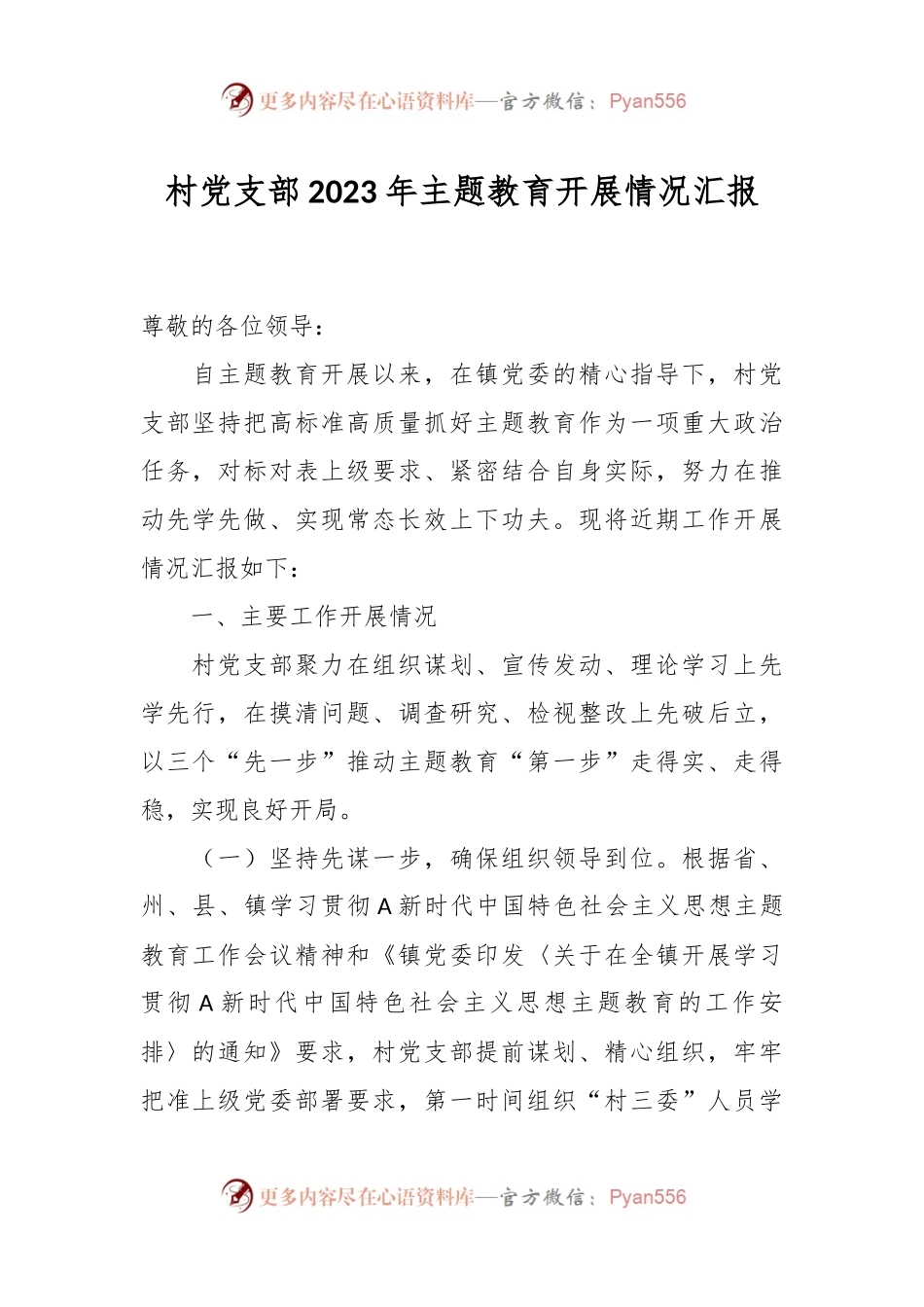 村党支部2023年主题教育开展情况汇报.docx_第1页