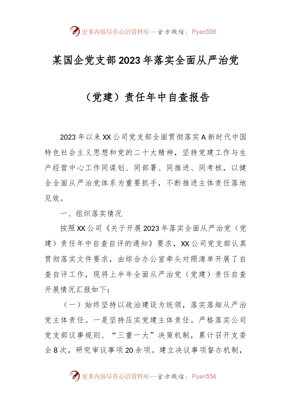 某国企党支部2023年落实全面从严治党（党建）责任年中自查报告.docx_第1页