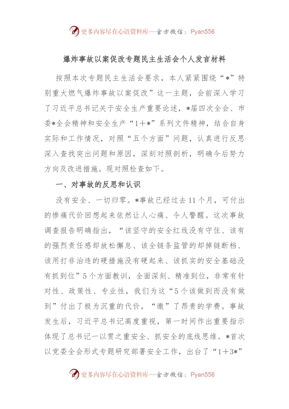爆炸事故以案促改专题民主生活会个人发言材料.docx_第1页