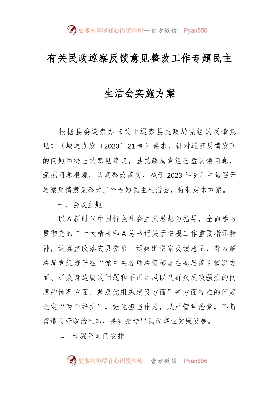 有关民政巡察反馈意见整改工作专题民主生活会实施方案.docx_第1页