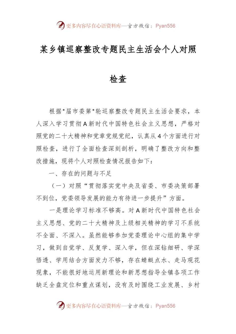 某乡镇巡察整改专题民主生活会个人对照检查.docx_第1页