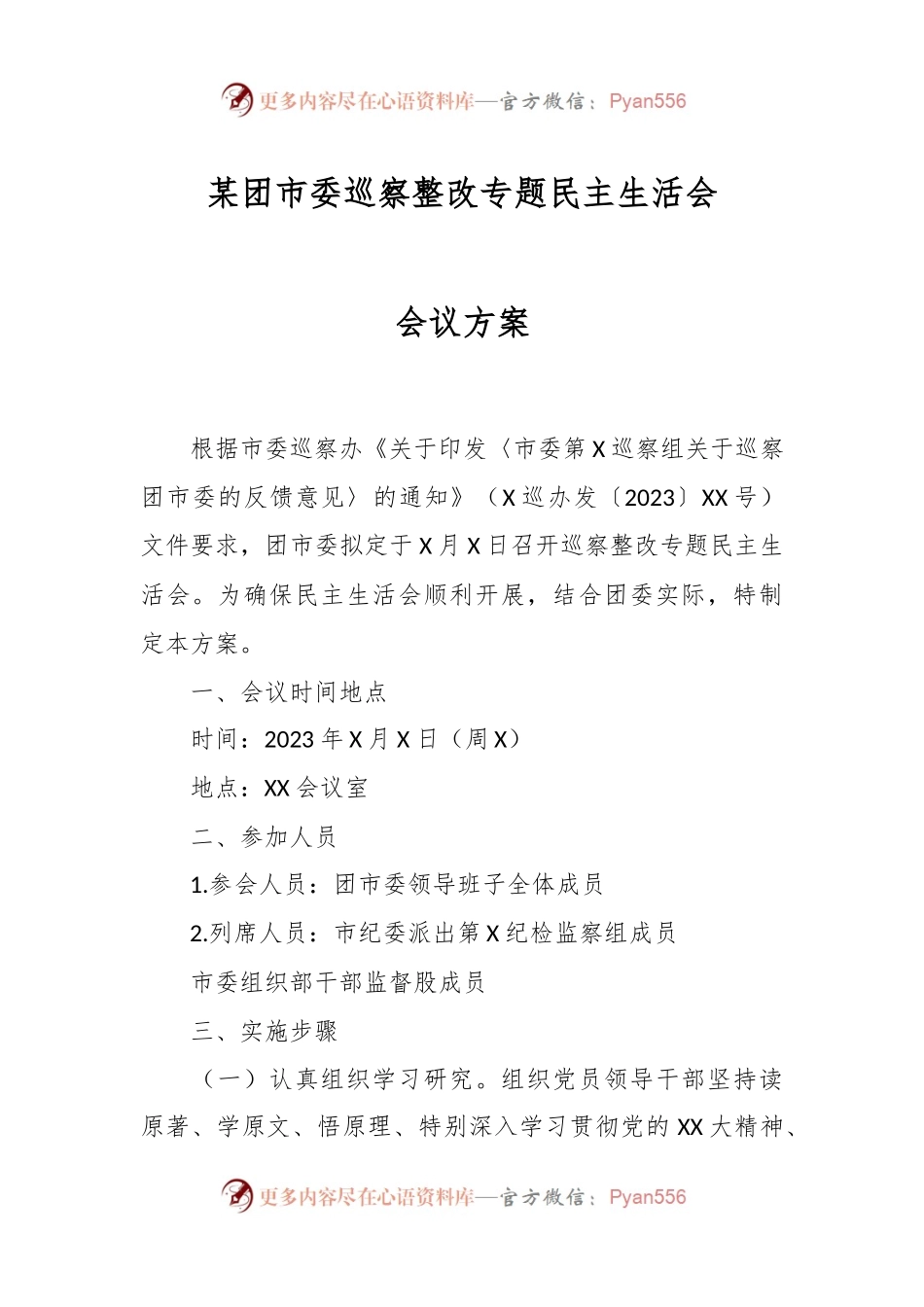 某团市委巡察整改专题民主生活会会议方案.docx_第1页
