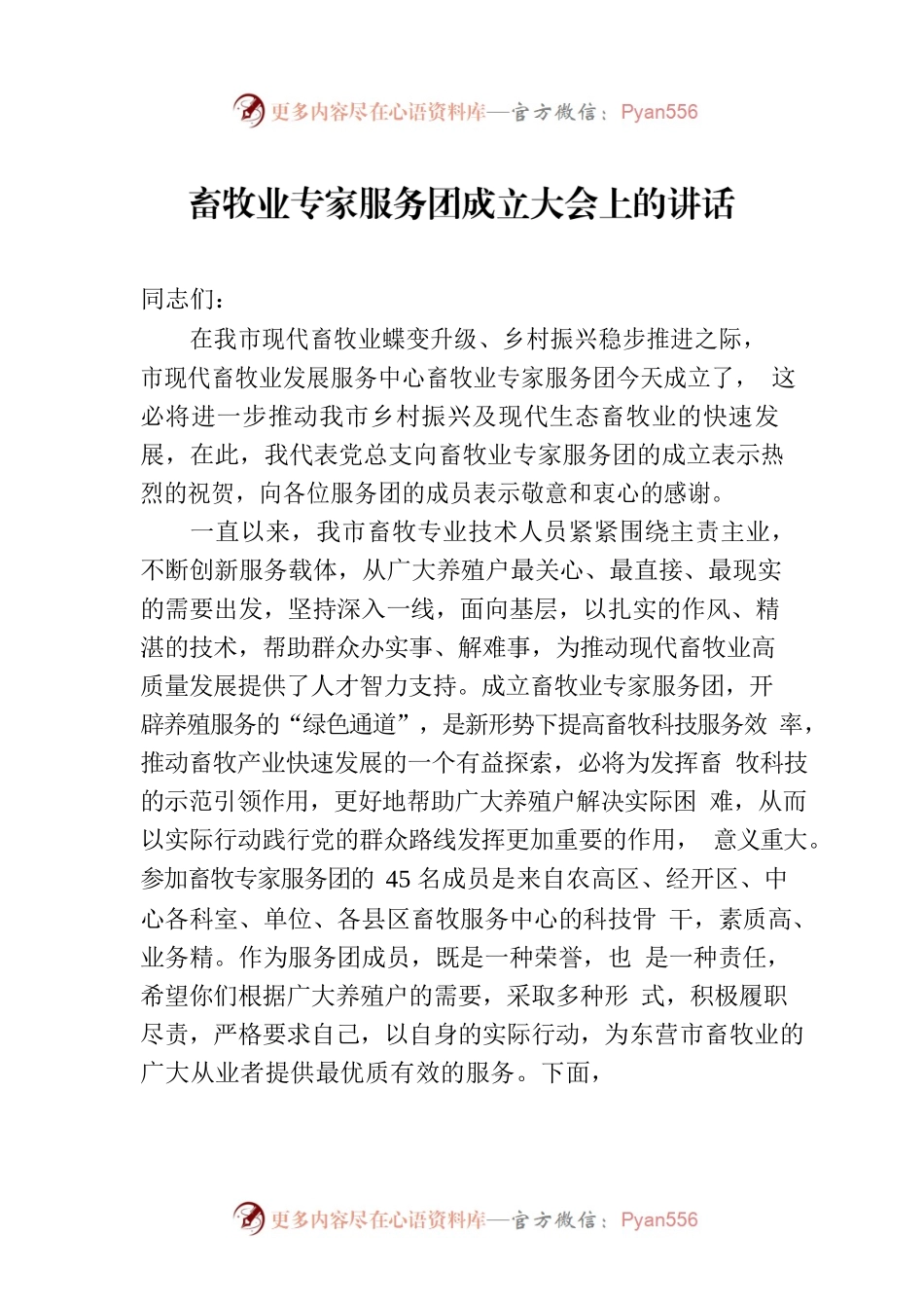 畜牧业专家服务团成立大会上的讲话.docx_第1页