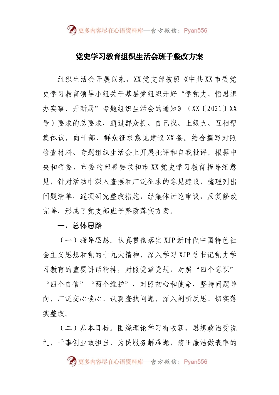 生活会28：党史学习教育组织生活会班子整改方案.docx_第1页