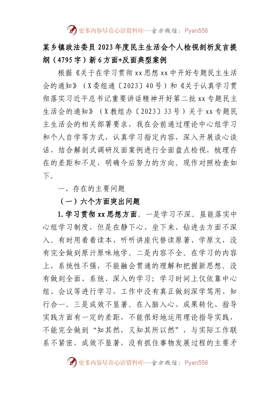 某乡镇政法委员2023年度民主生活会个人检视剖析发言提纲（践行宗旨等6个方面+反面典型案例）.docx_第1页