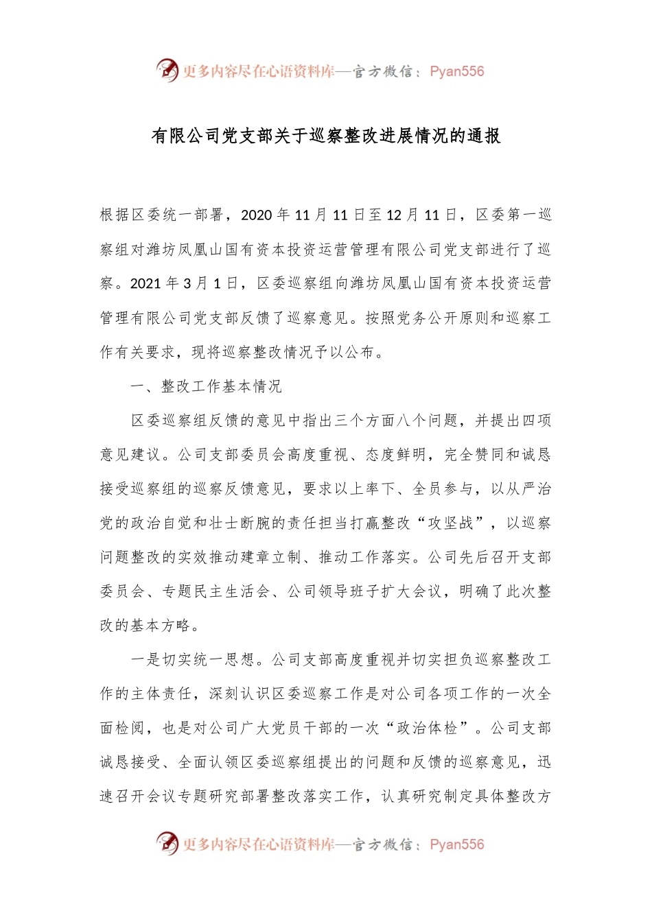 有限公司党支部关于巡察整改进展情况的通报.docx_第1页