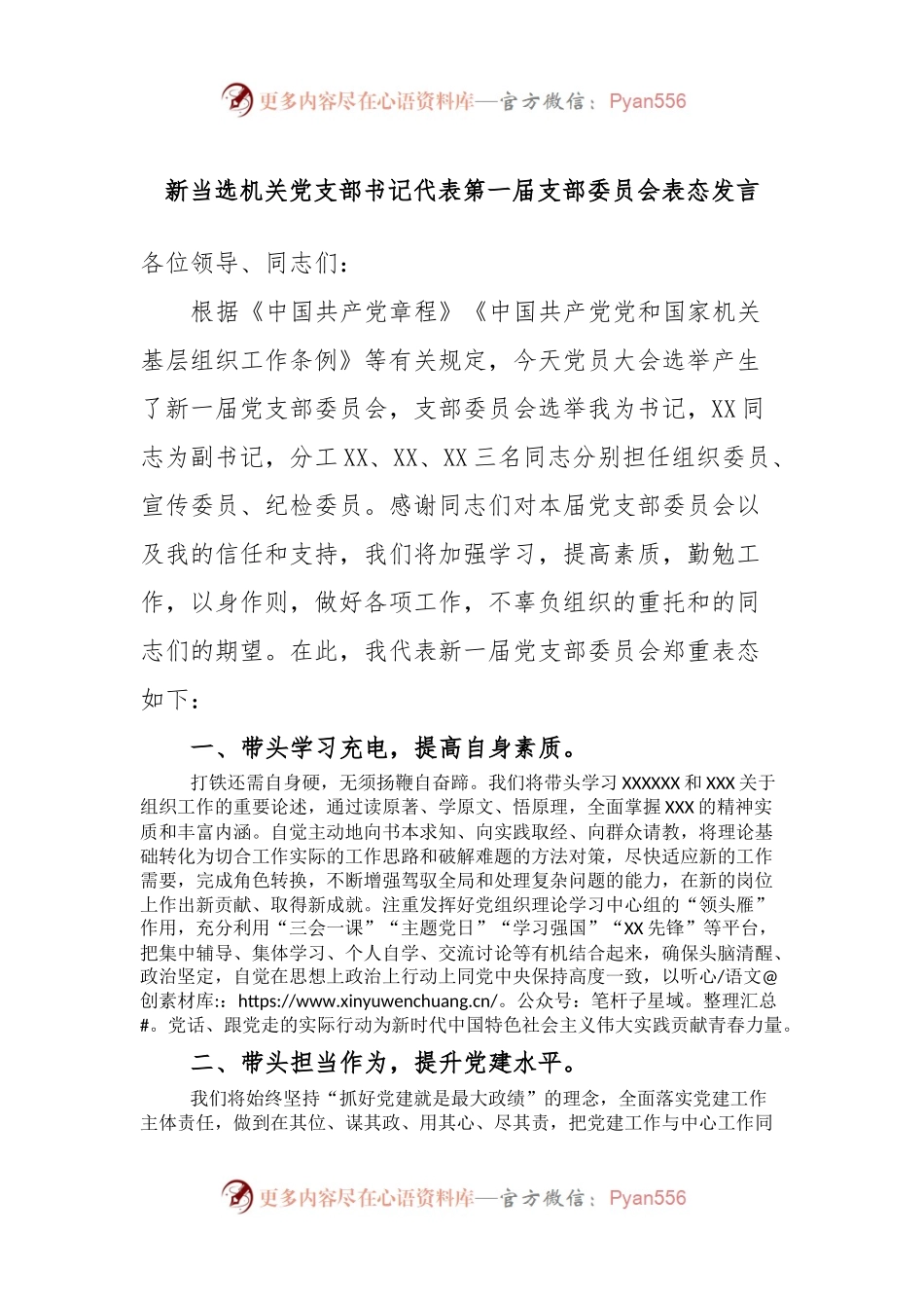 新当选机关党支部书记代表第一届支部委员会表态发言.docx_第1页