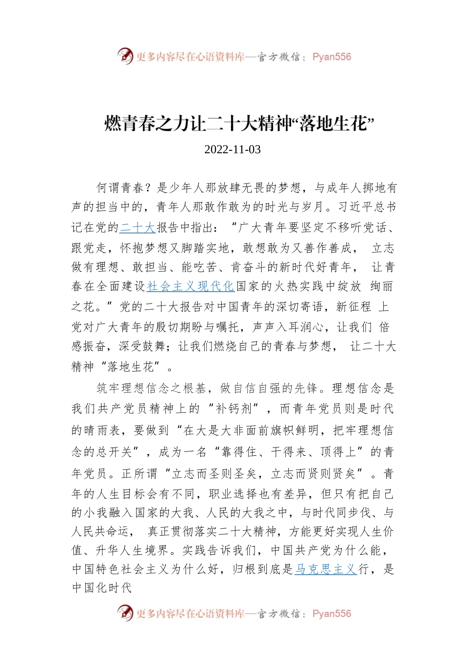 燃青春之力让二十大精神“落地生花”.docx_第1页