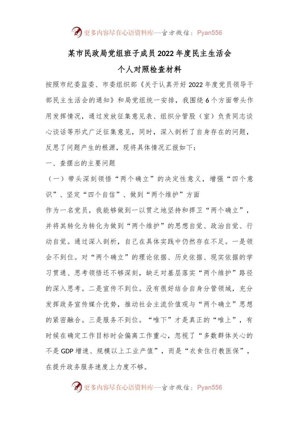 某市民政局党组班子成员2022年度民主生活会个人对照检查材料.docx_第1页