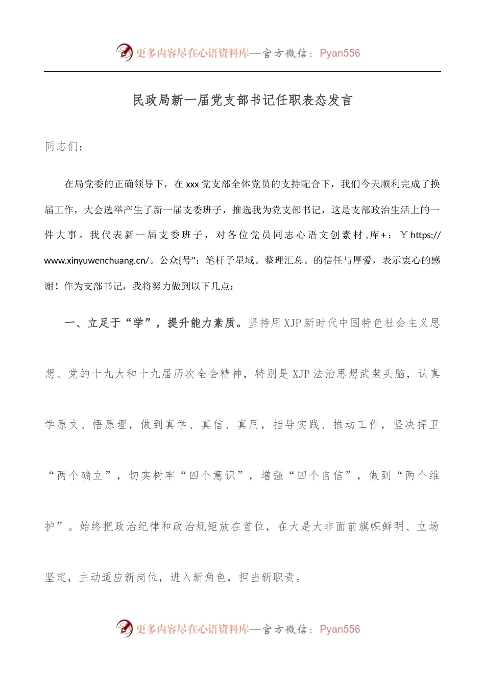 民政局新一届党支部书记任职表态发言.docx_第1页