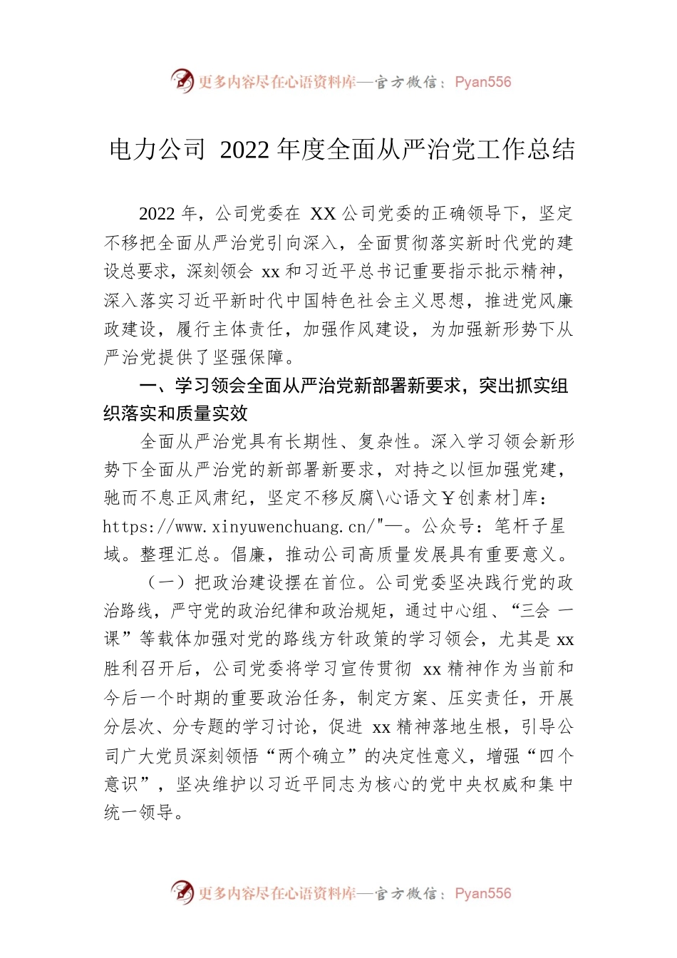 电力公司2022年度全面从严治党工作总结.docx_第1页