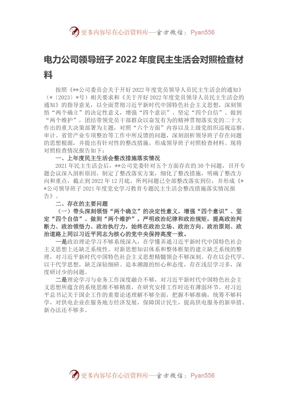 电力公司领导班子2022年度民主生活会对照检查材料.docx_第1页