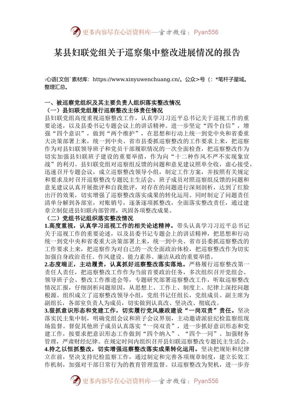 某县妇联党组关于巡察集中整改进展情况的报告.docx_第1页
