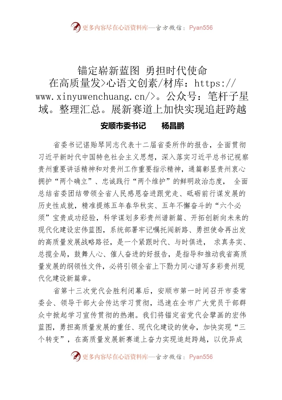 杨昌鹏：锚定崭新蓝图勇担时代使命在高质量发展新赛道上加快实现追赶跨越.docx_第1页