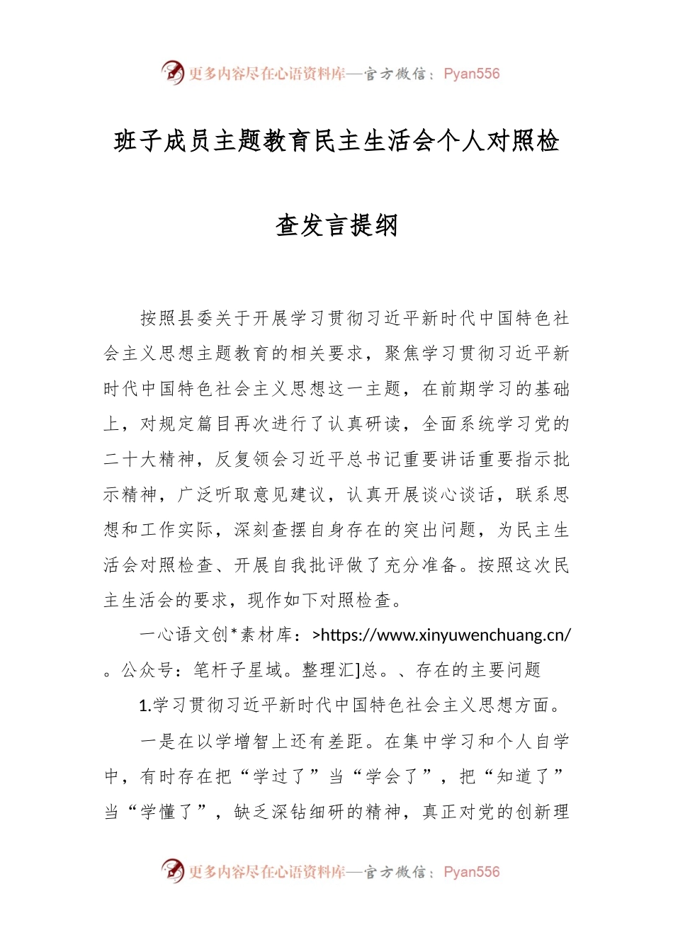 班子成员主题教育民主生活会个人对照检查发言提纲.docx_第1页