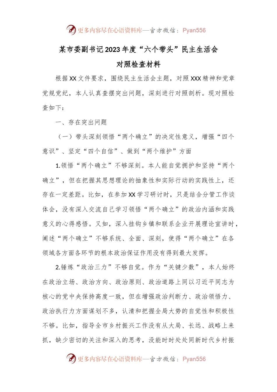 某市委副书记2023年度“六个带头”民主生活会对照检查材料.docx_第1页