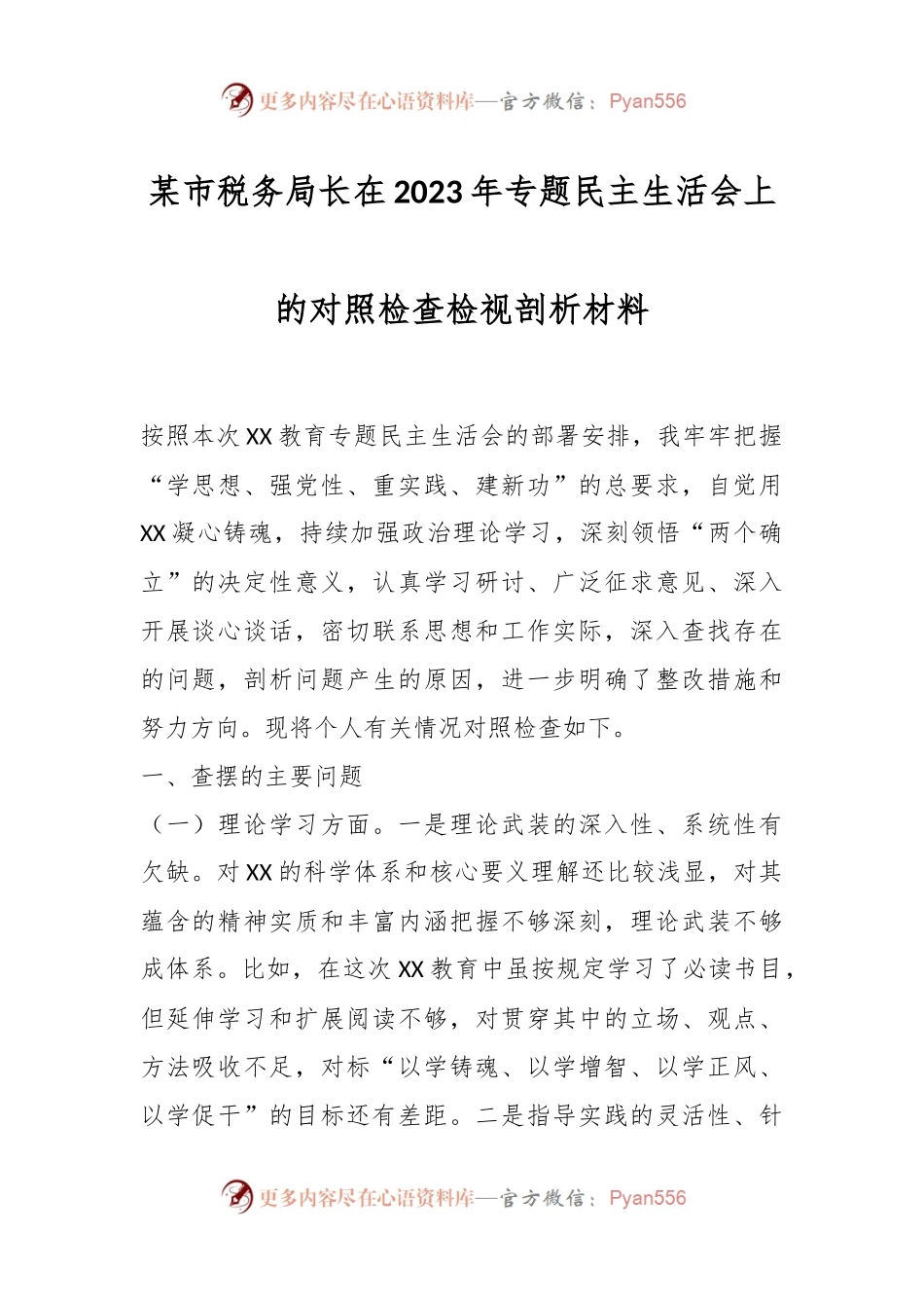 某市税务局长在2023年专题民主生活会上的对照检查检视剖析材料.docx_第1页