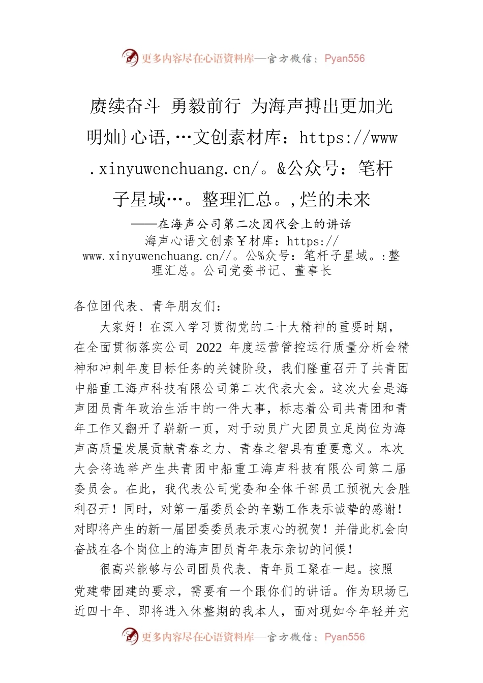 海声公司党委书记、董事长：在海声公司第二次团代会上的讲话.docx_第1页