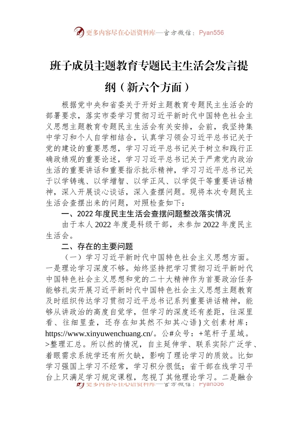 班子成员主题教育专题民主生活会发言稿提纲（新六个方面）.docx_第1页