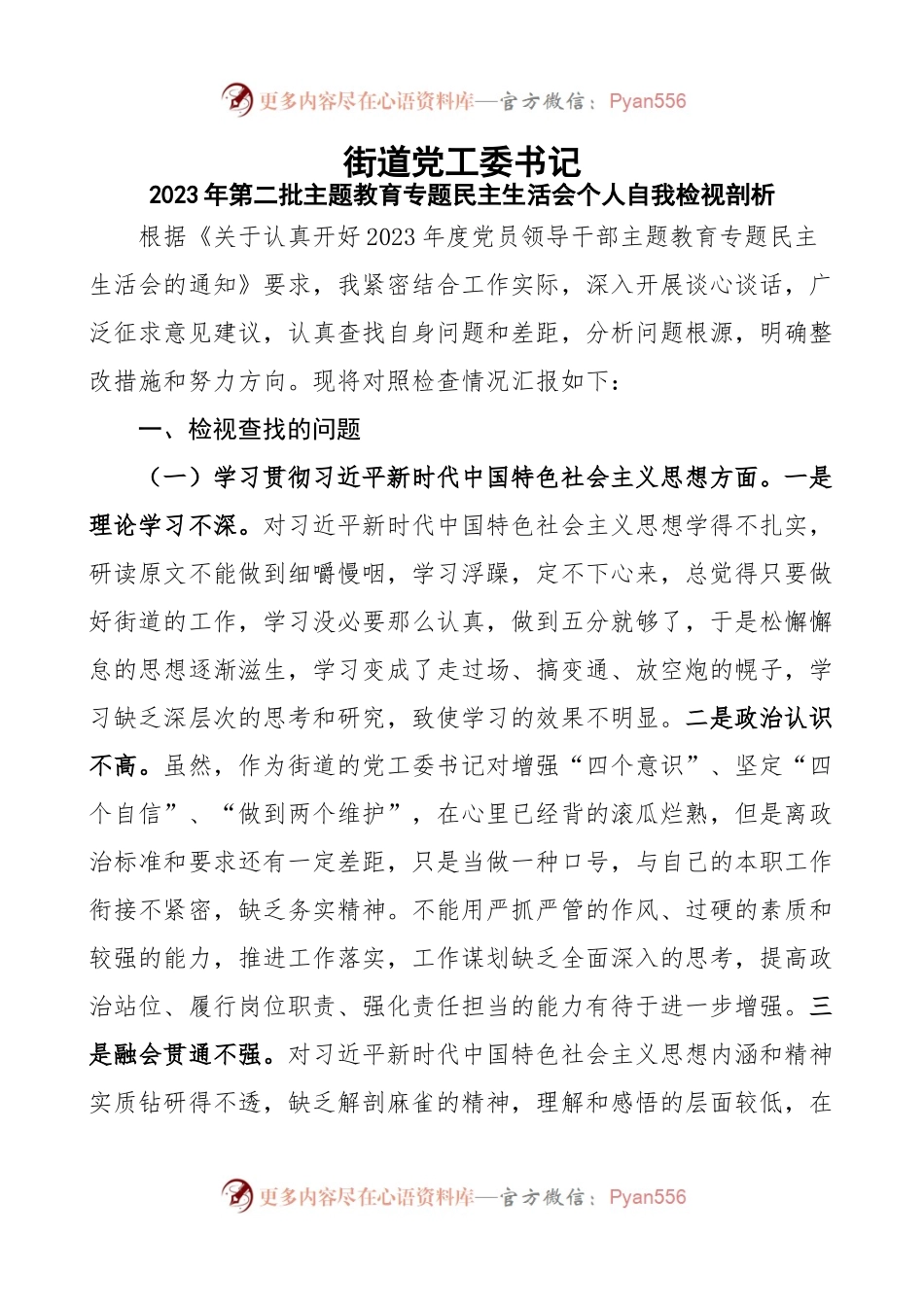 民主生活会自我检视剖析PPT红色实用街道党工委书记第二批主题教育个人发言材料(讲稿).docx_第1页