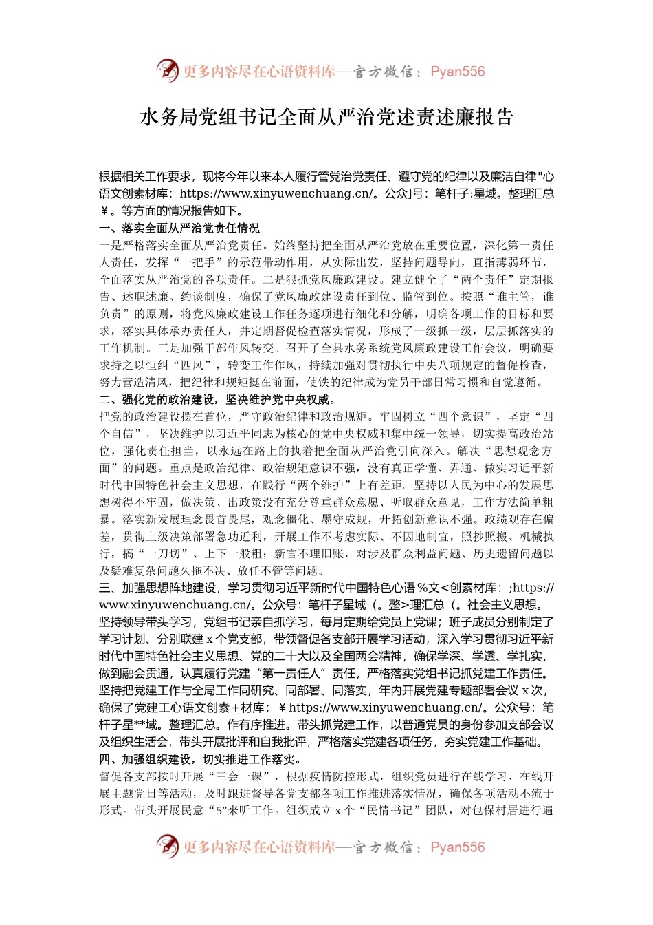 水务局党组书记全面从严治党述责述廉报告.docx_第1页