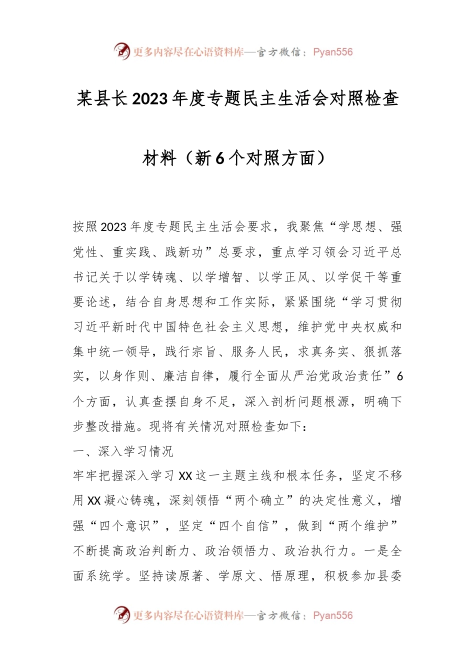 某县长2023年度专题民主生活会对照检查材料（新6个对照方面）.docx_第1页