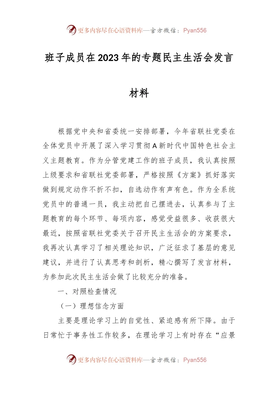 班子成员在2023年的专题民主生活会发言材料.docx_第1页