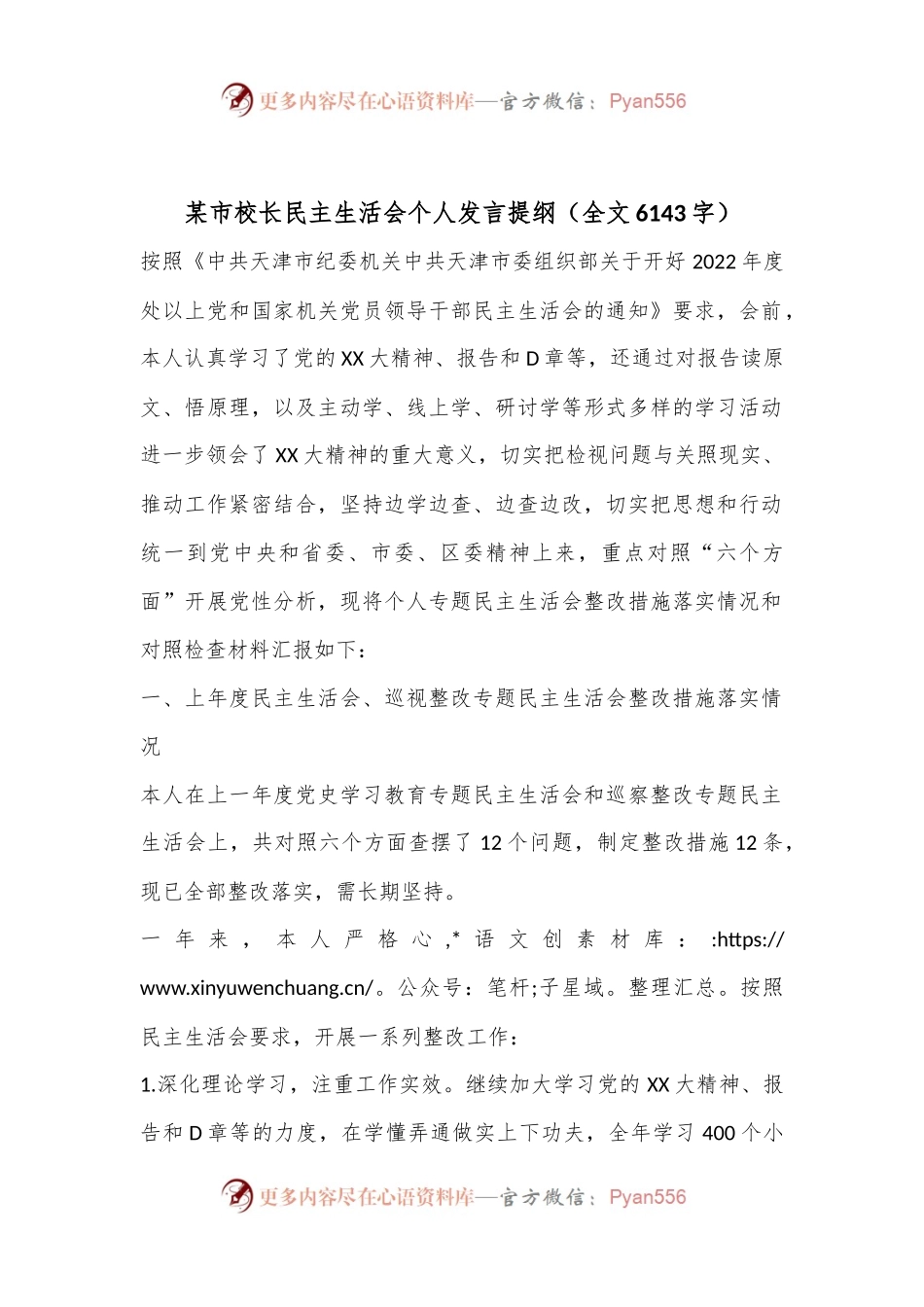 某市校长民主生活会个人发言提纲（全文6143字）.docx_第1页