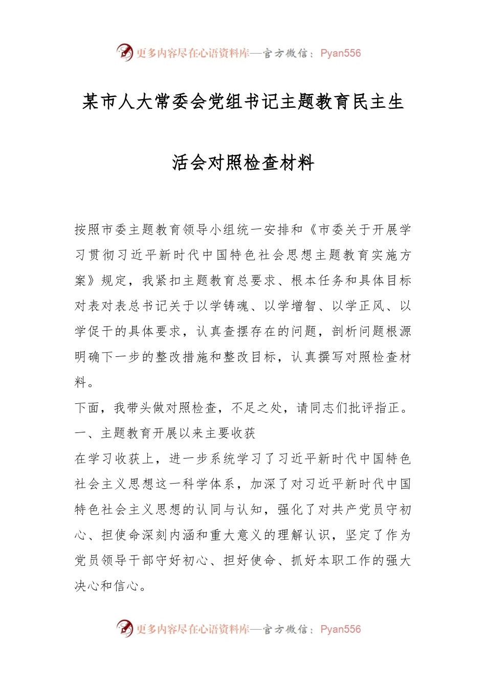 某市人大常委会党组书记主题教育民主生活会对照检查材料.docx_第1页