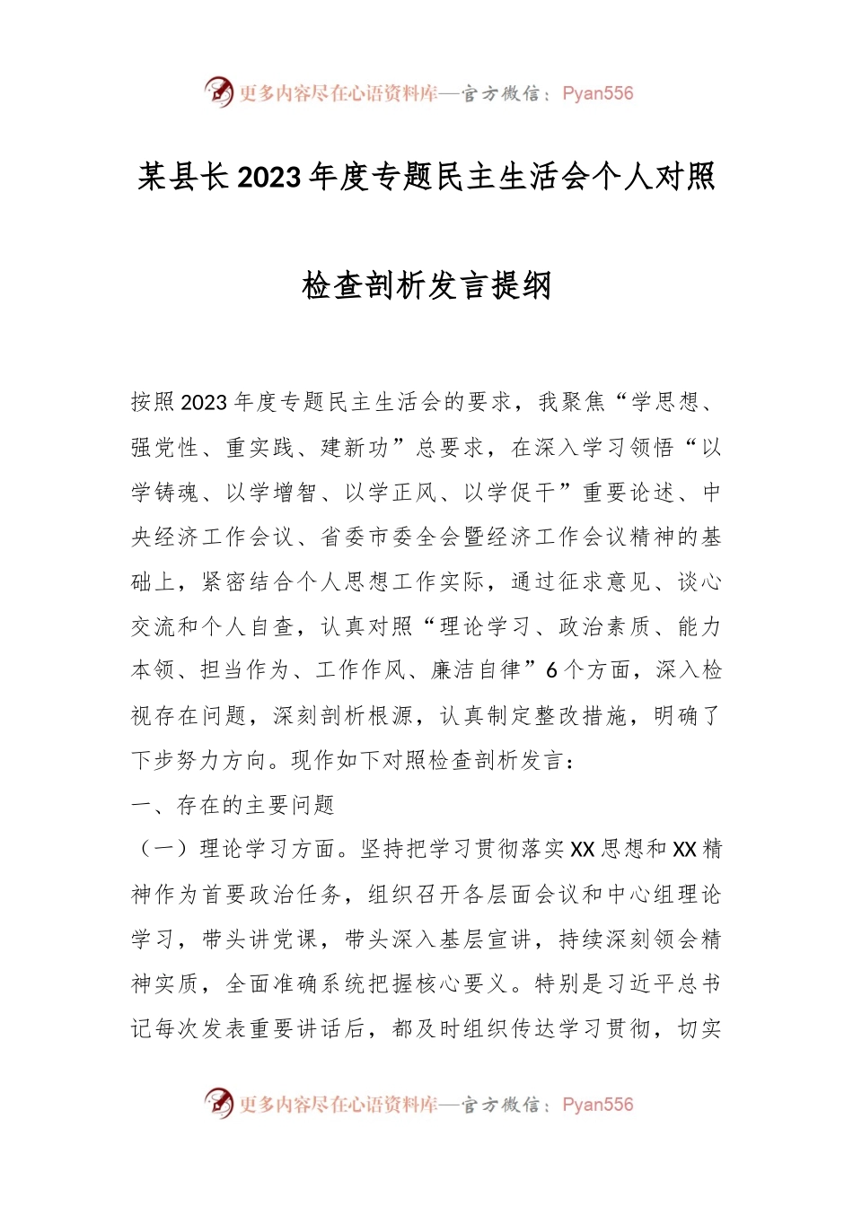 某县长2023年度专题民主生活会个人对照检查剖析发言稿提纲.docx_第1页