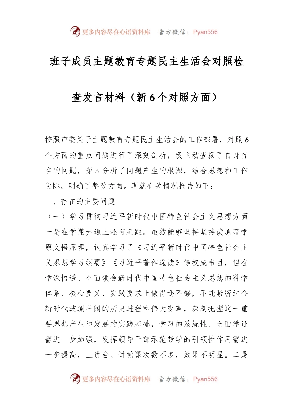 班子成员主题教育专题民主生活会对照检查发言稿材料（新6个对照方面）.docx_第1页