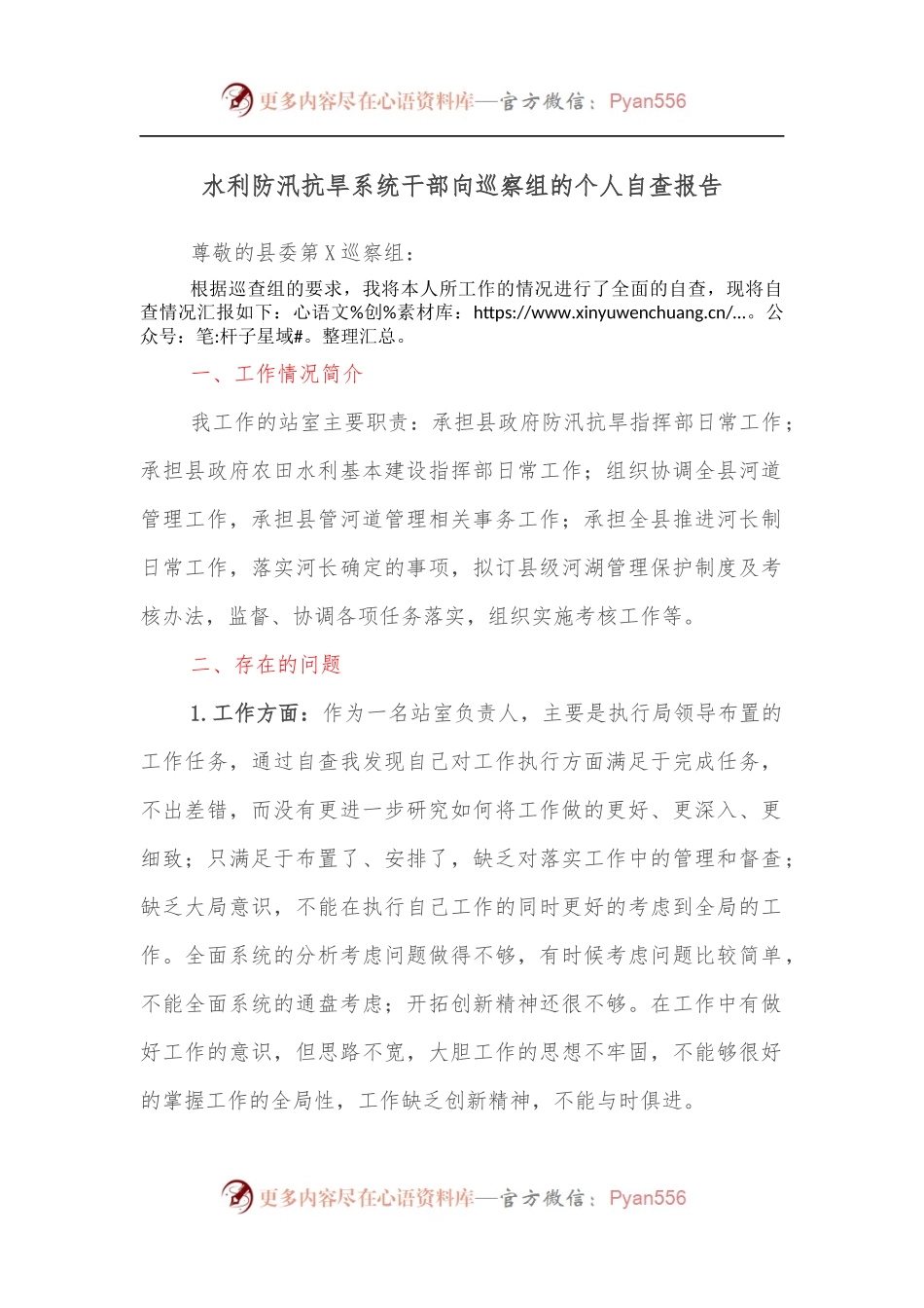 水利防汛抗旱系统干部向巡察组的个人自查报告.docx_第1页