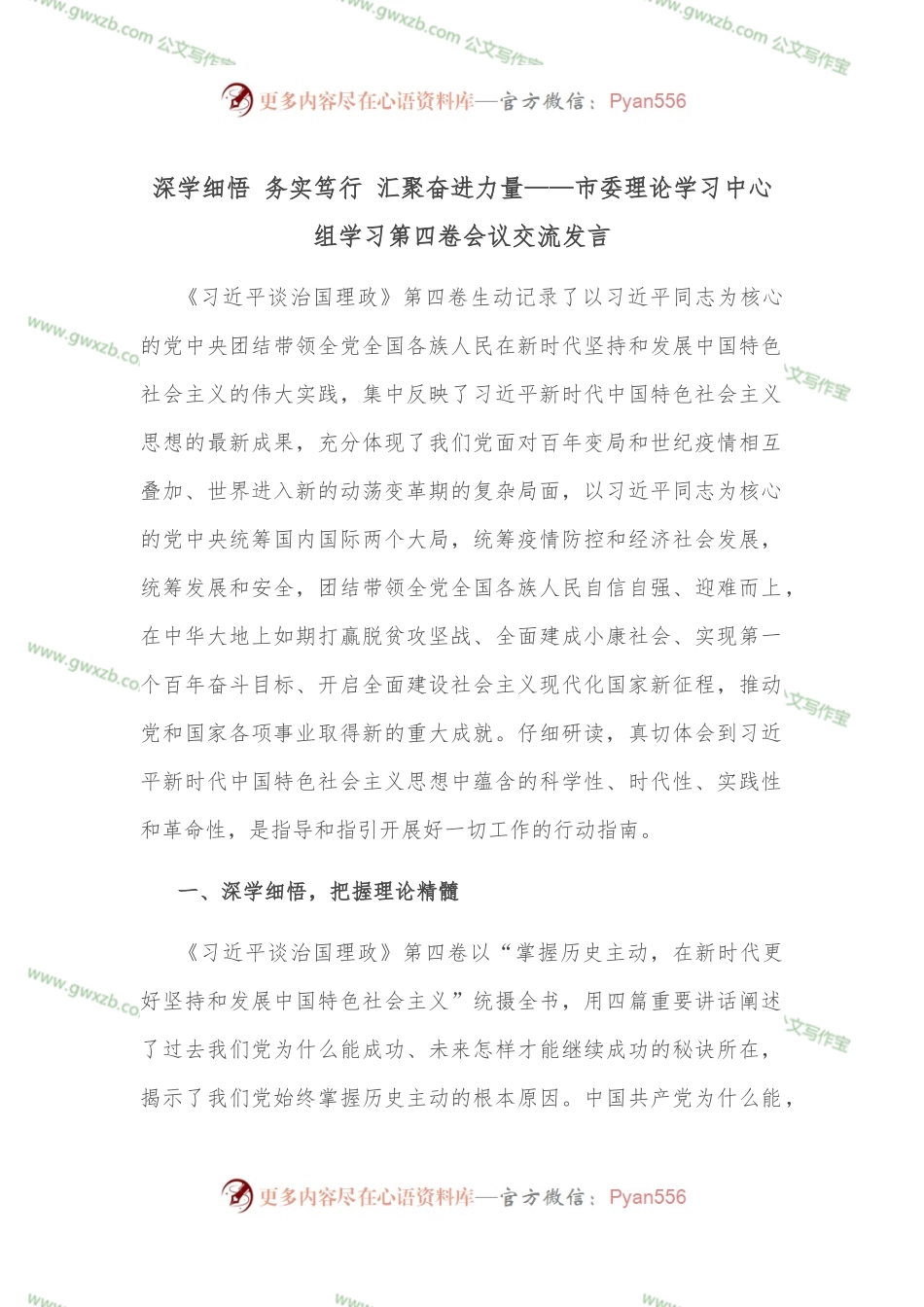 深学细悟 务实笃行 汇聚奋进力量——市委理论学习中心组学习第四卷会议交流发言.docx_第1页