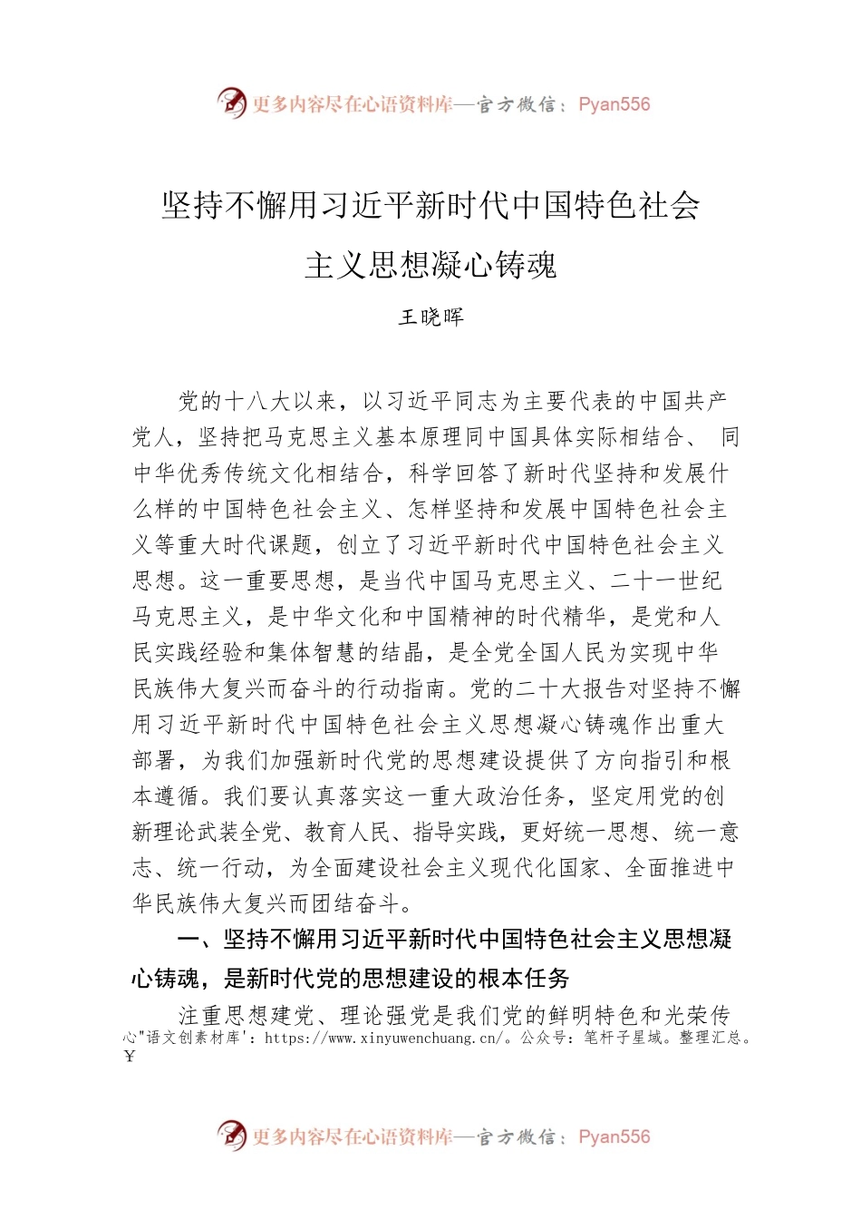 王晓晖：坚持不懈用习近平新时代中国特色社会主义思想凝心铸魂.docx_第1页