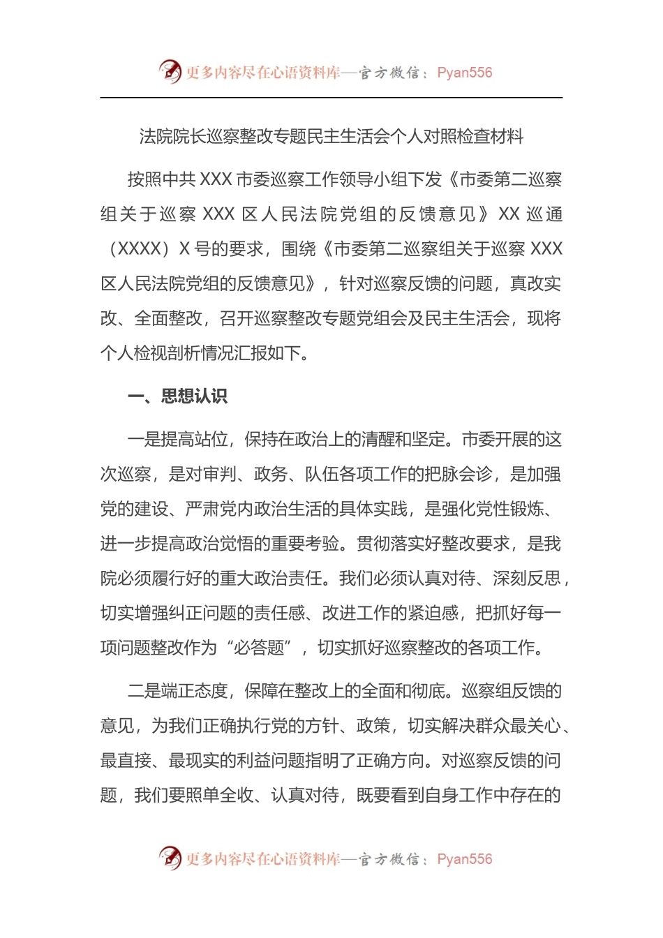 法院院长巡察整改专题民主生活会个人对照检查材料.docx_第1页