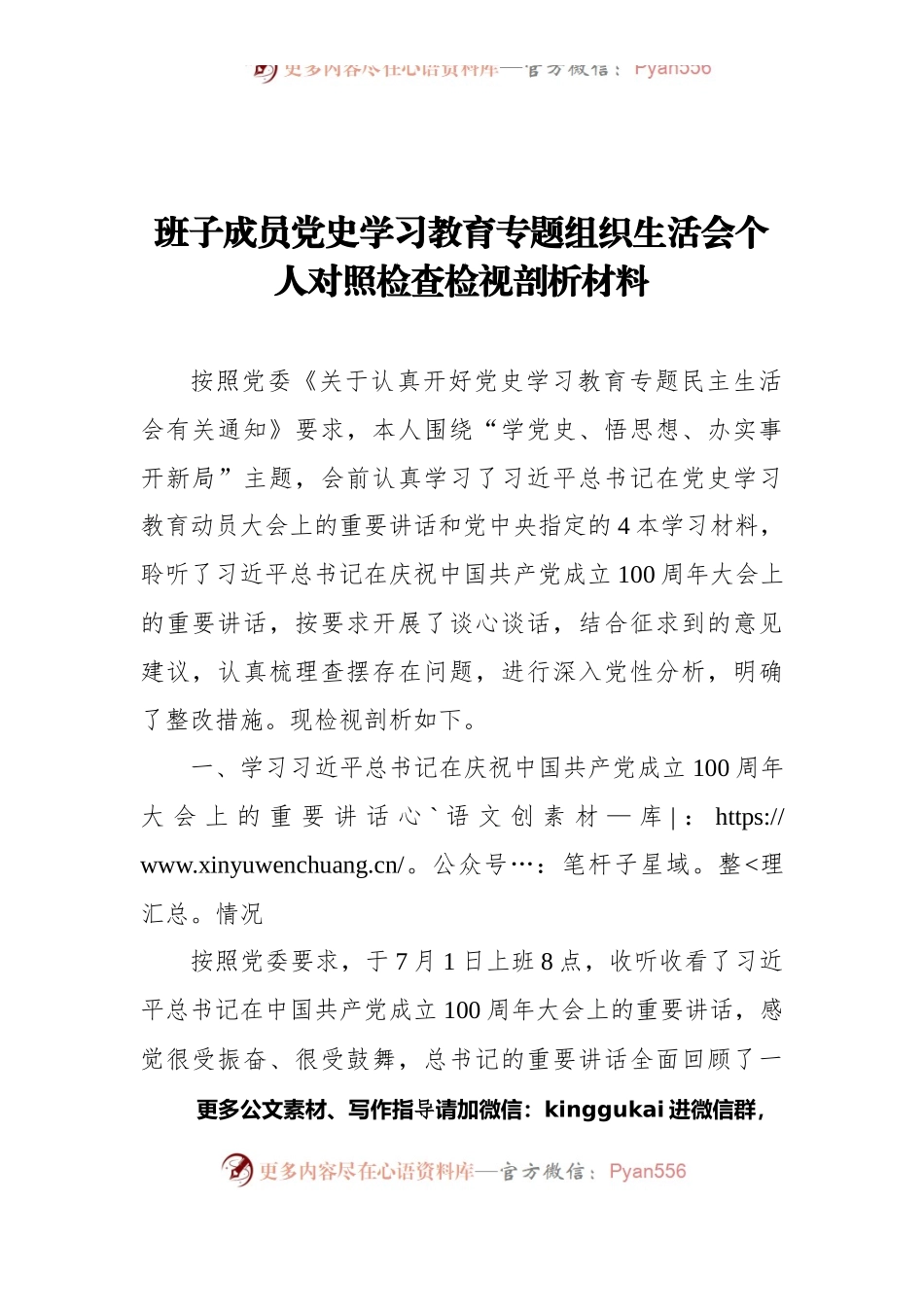 班子成员党史学习教育专题组织生活会个人对照检查检视剖析材料.docx_第1页