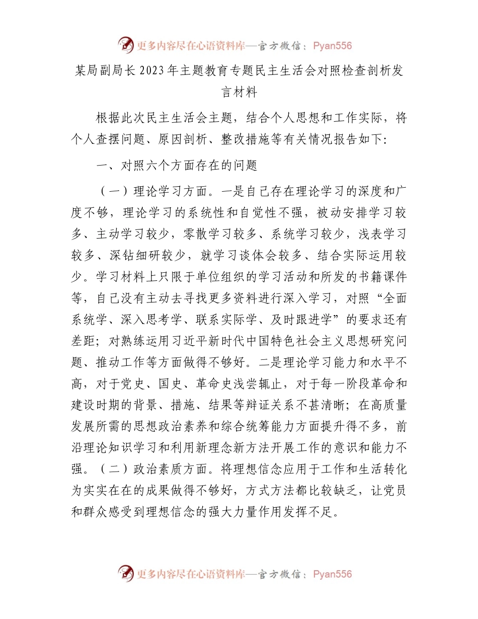 某局副局长2023年主题教育专题民主生活会对照检查剖析发言材料(1).docx_第1页