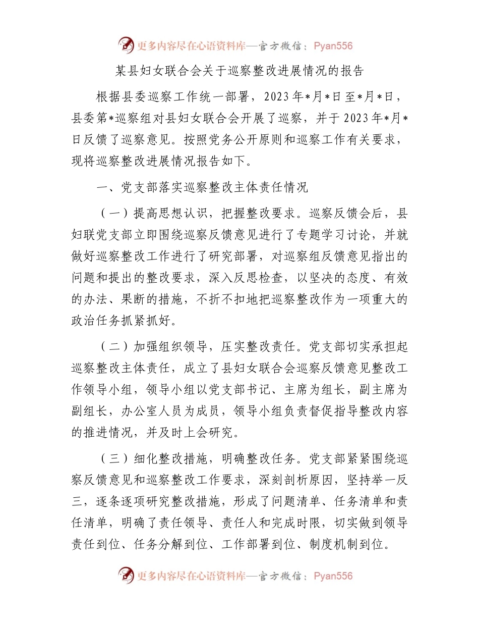 某县妇女联合会关于巡察整改进展情况的报告.docx_第1页