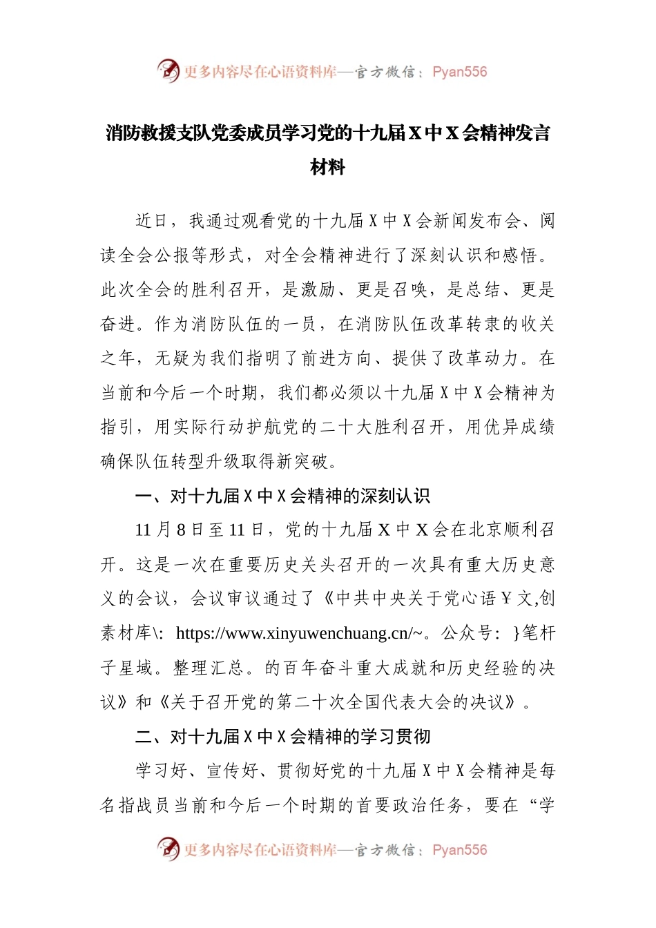 消防救援支队党委成员学习党的十九届X中X会精神发言材料.docx_第1页