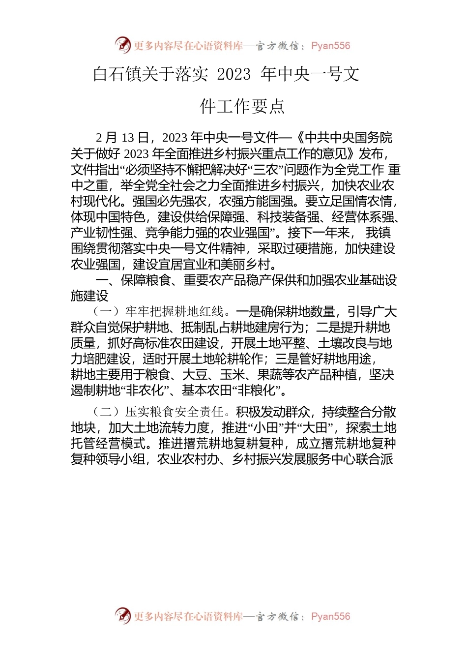 白石镇关于落实2023年中央一号文件工作要点.docx_第1页