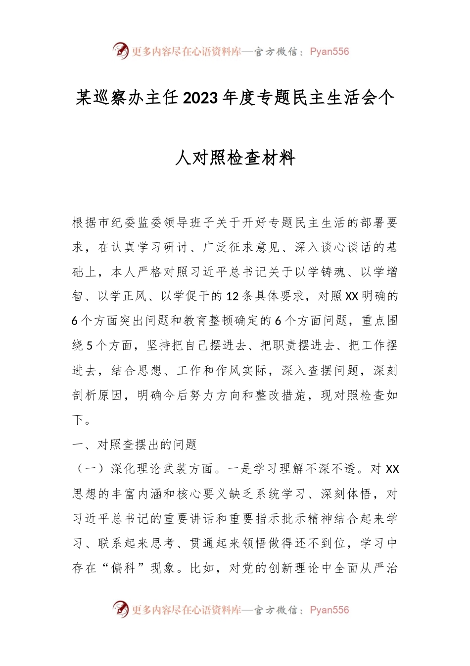 某巡察办主任2023年度专题民主生活会个人对照检查材料.docx_第1页