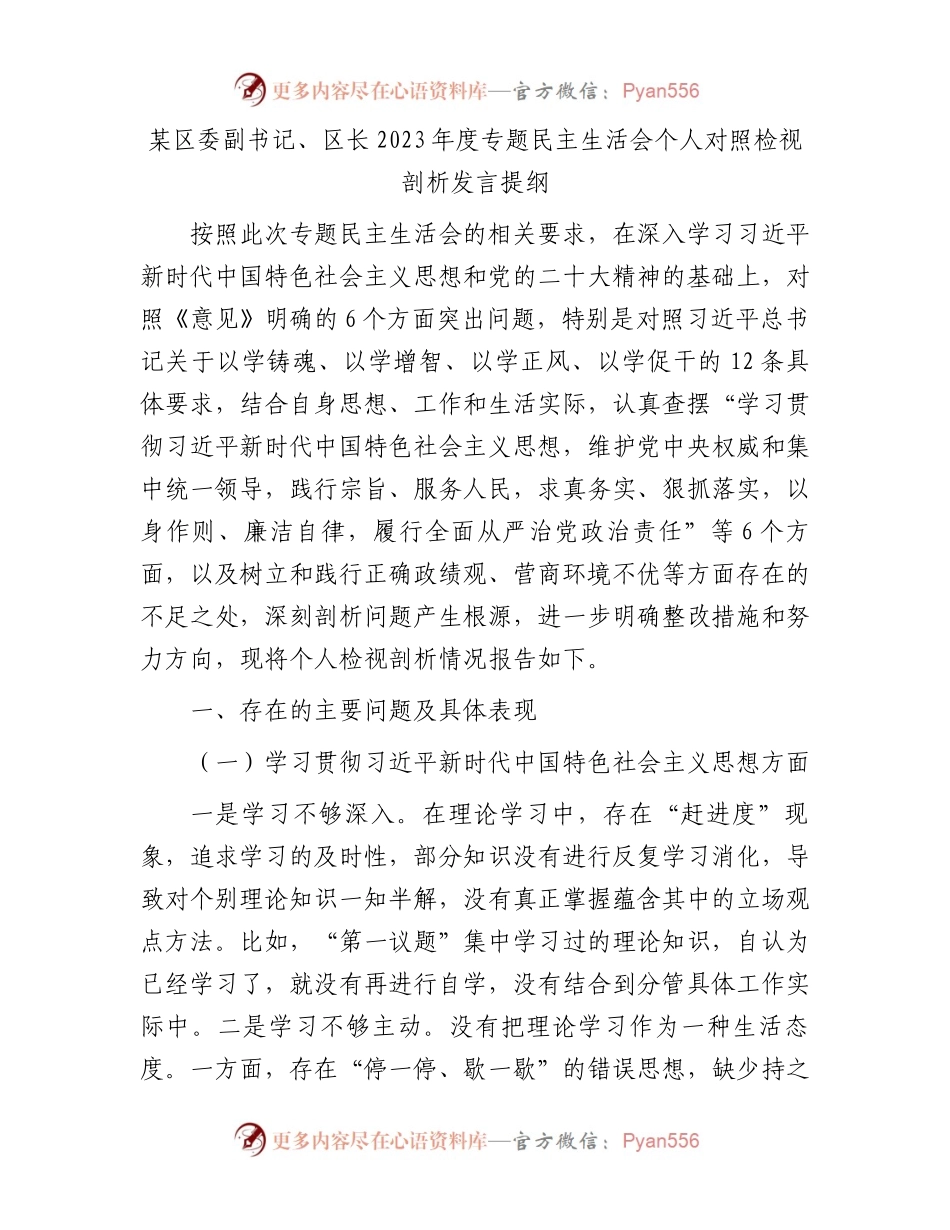 某区委副书记、区长2023年度专题民主生活会个人对照检视剖析发言提纲.docx_第1页