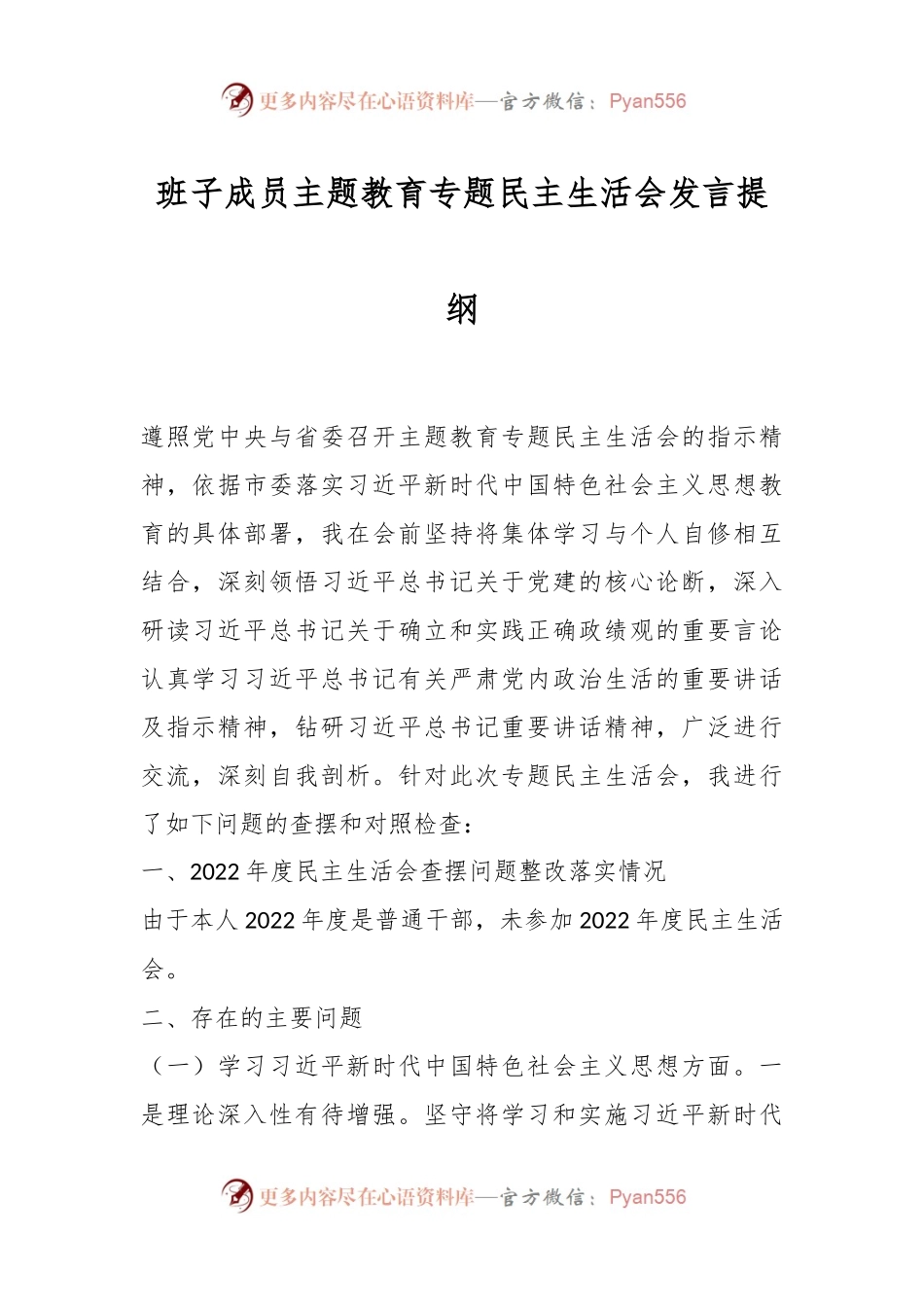 班子成员主题教育专题民主生活会发言稿提纲.docx_第1页