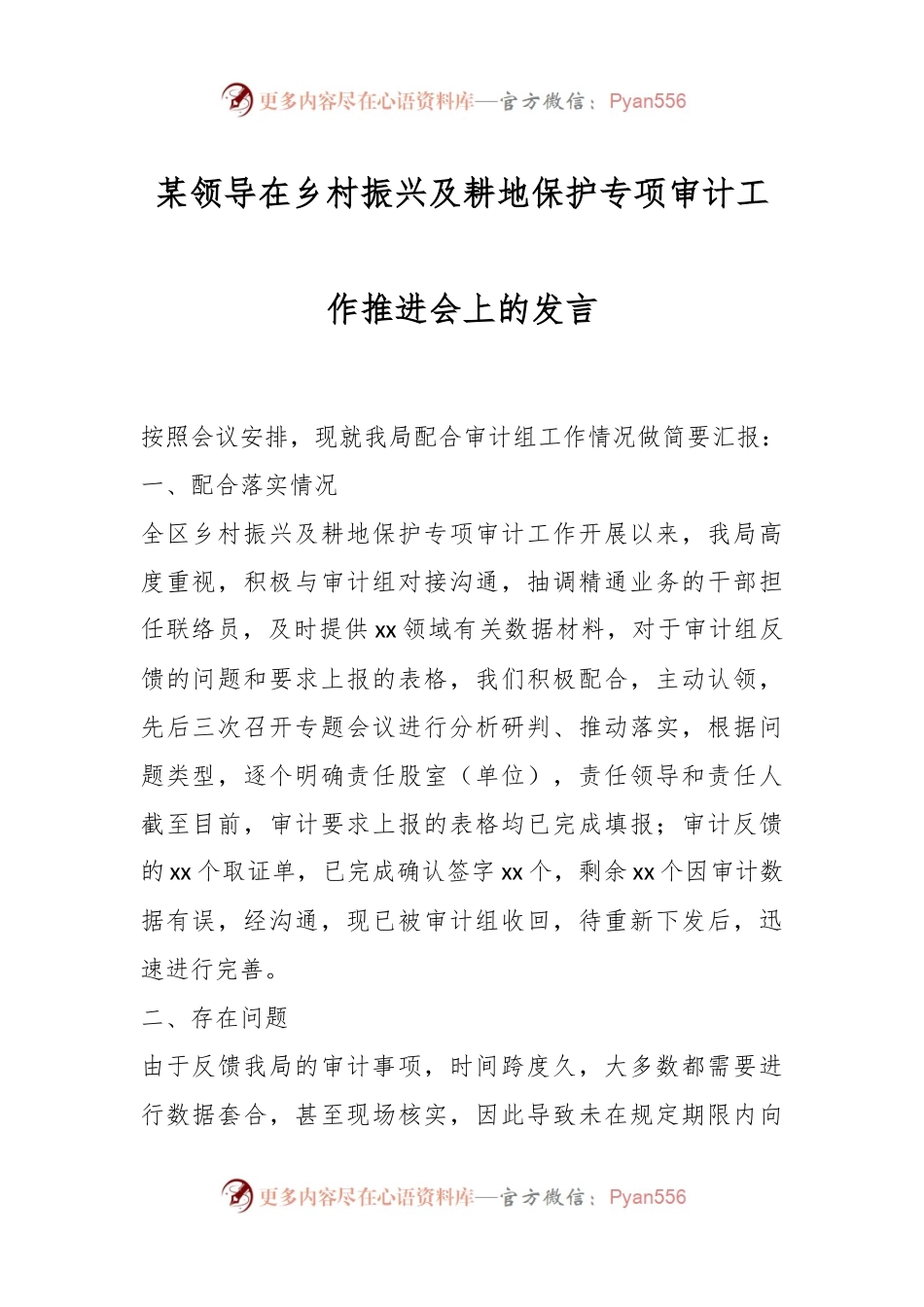 某领导在乡村振兴及耕地保护专项审计工作推进会上的发言.docx_第1页