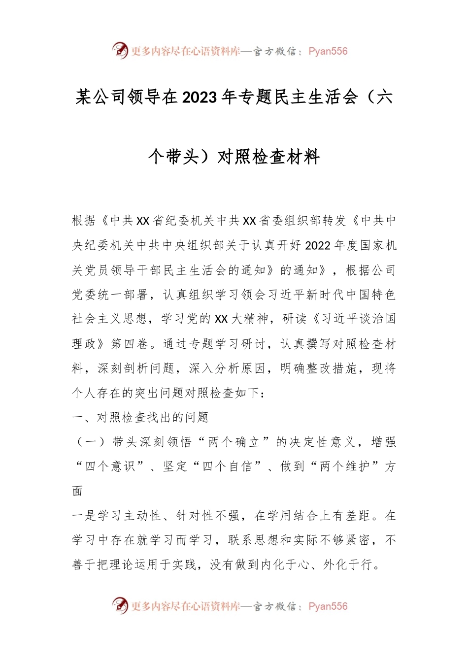 某公司领导在2023年专题民主生活会（六个带头）对照检查材料.docx_第1页