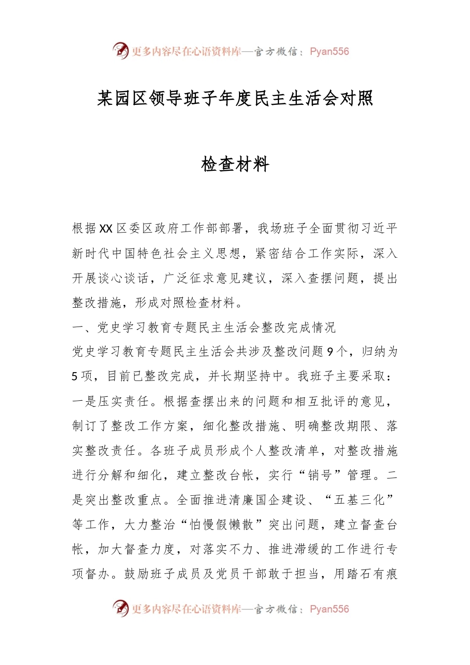 某园区领导班子年度民主生活会对照检查材料.docx_第1页