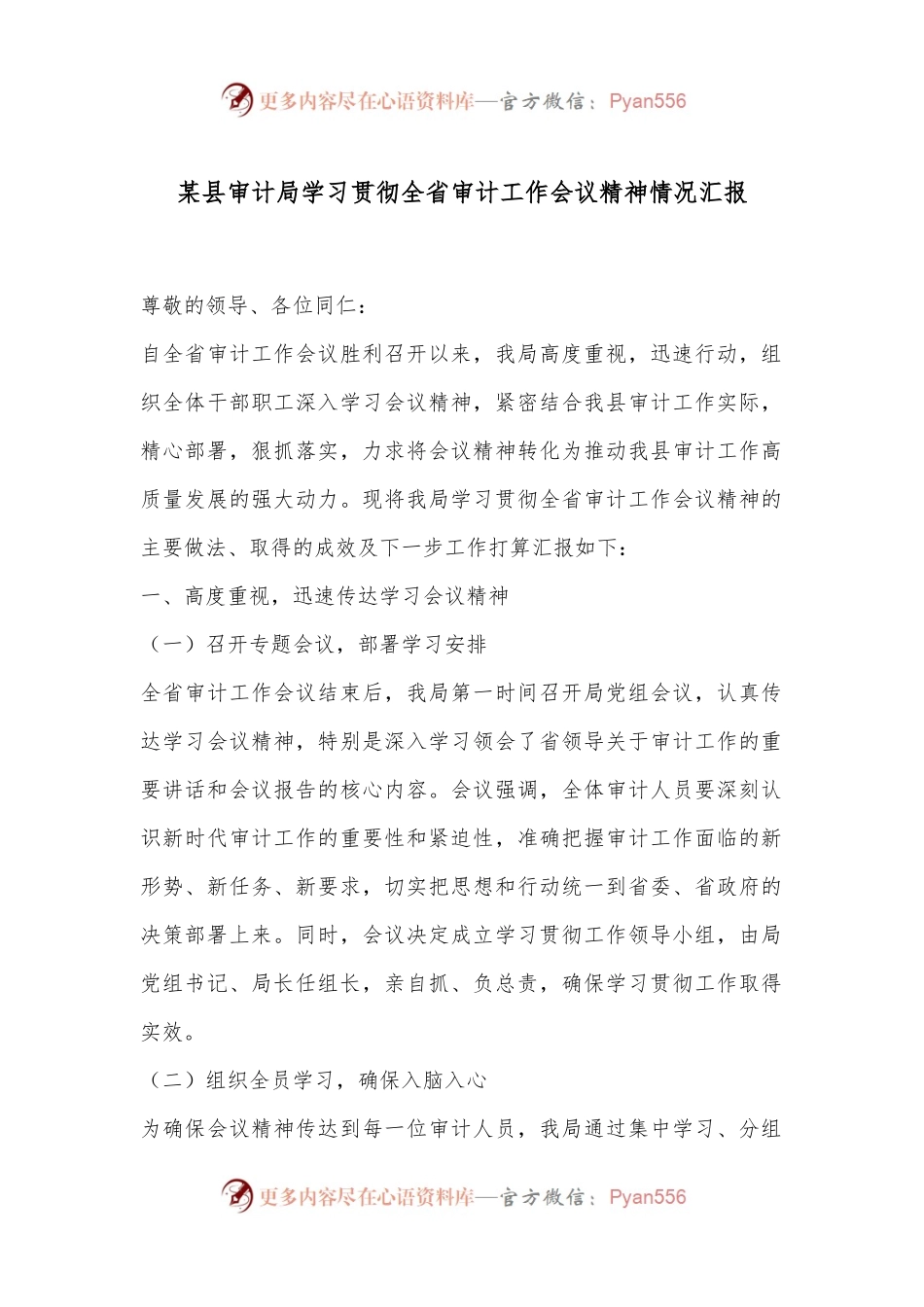 某县审计局学习贯彻全省审计工作会议精神情况汇报.docx_第1页